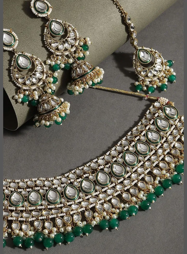 Gold Plated Designer Stone Party Necklace, Earring and Maang Tikka Set For Women