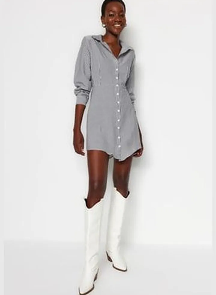 Black Mini Woven Striped Shirt Dress TWOAW23EL00216
