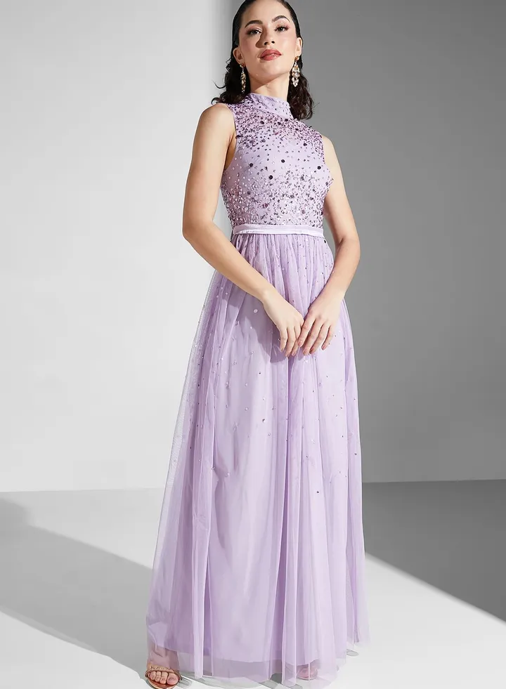 High Neck Sequin Tiered Dress