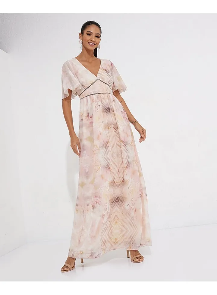 Little Mistress Flutter Sleeve Maxi Dress In Marble Print-multi