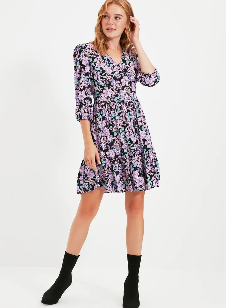 Puff Sleeve Floral Print Dress