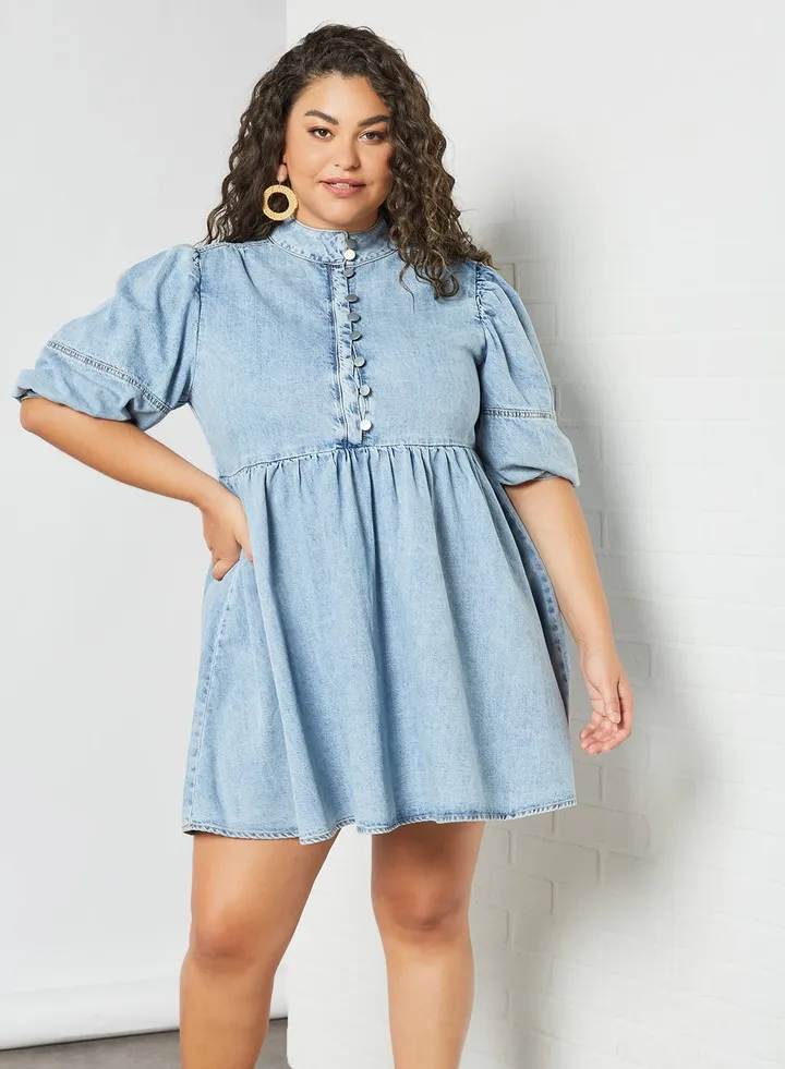 Plus Size High Neck Denim Dress Blue