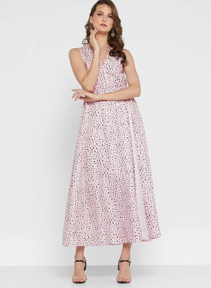 Tassle Detail Waist Tie Printed Dress