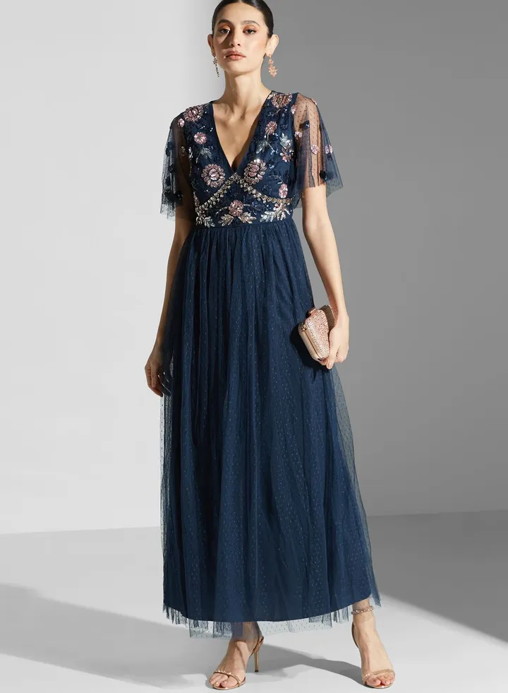 Embellished Plunge Neck Dress