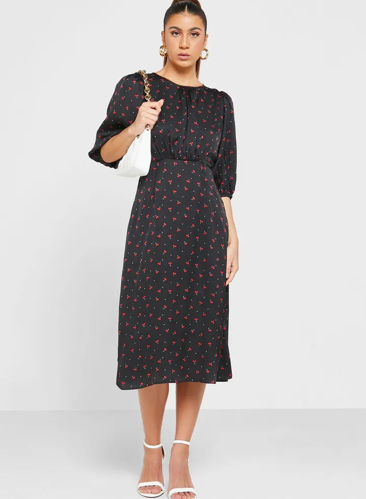 Balloon Sleeve Pocket Detail Printed Dress
