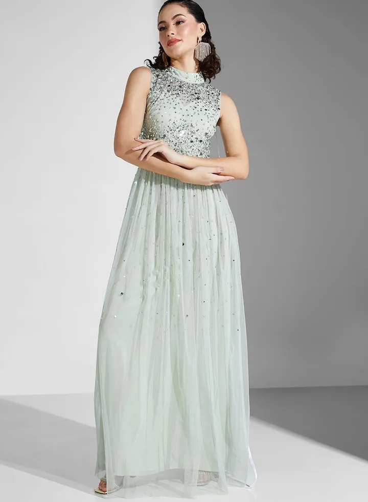 High Neck Embellished Belted Tiered Dress