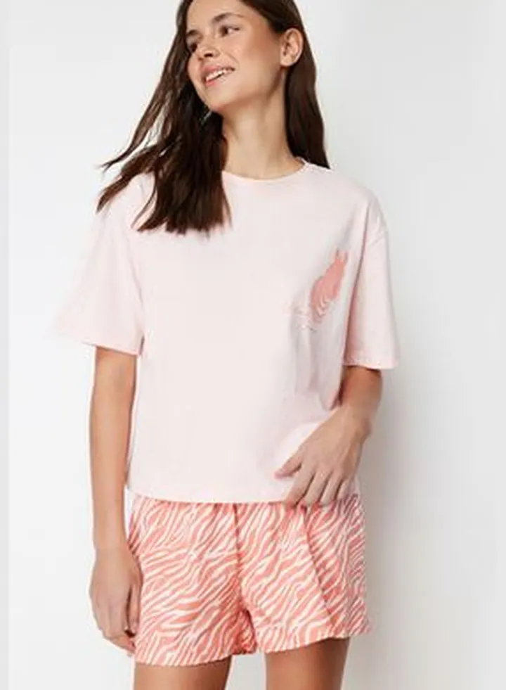 Pink 100% Cotton Zebra Printed Tshirt-Shorts Knitted Pajamas Set