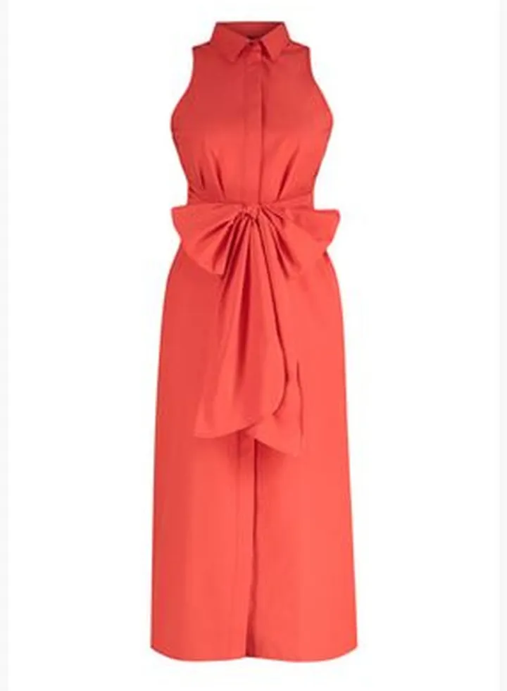 Red Belted Midi Length Woven Shirt Dress