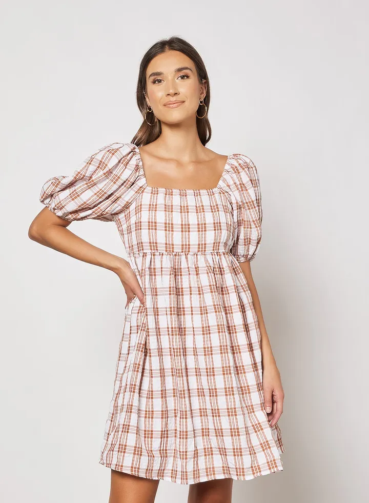 Square Neck Seersucker Dress Light Beige Check