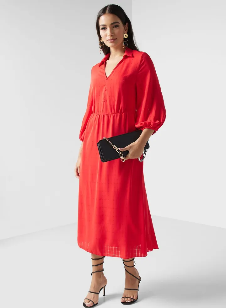 V - Neck Belt Detail Dress