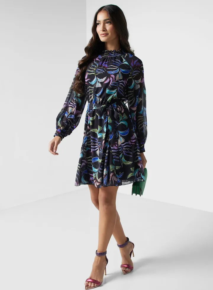 Puff Sleeve Floral Printed Dress