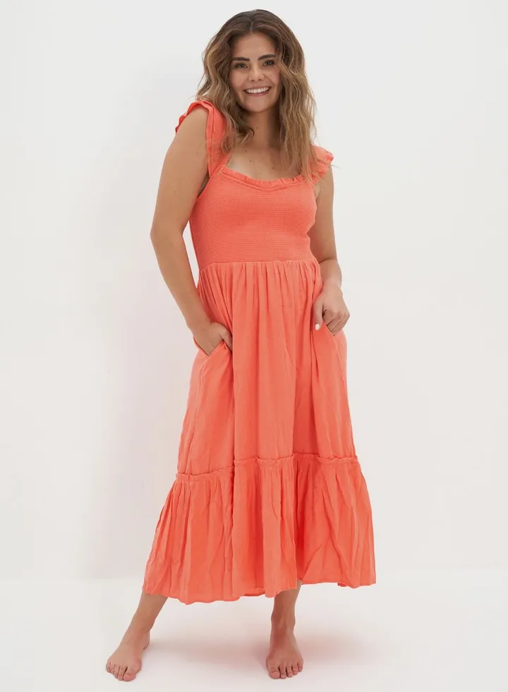Ruched Ruffle Sleeve Tiered Dress