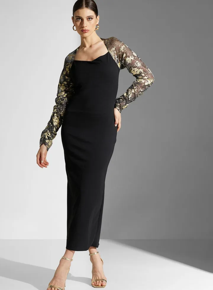 Dana Shift Dress With Foil Print Sleeve