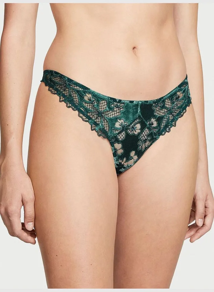 Velvet Floral Embroidery Thong Panty