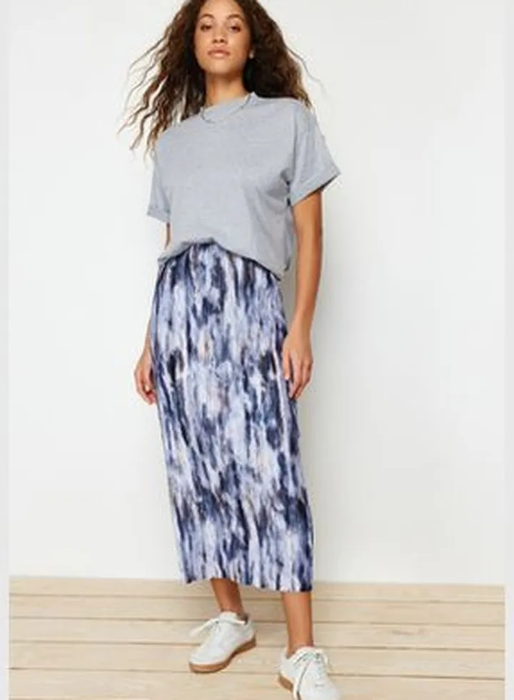 Blue Printed Pleat Maxi Knitted Skirt
