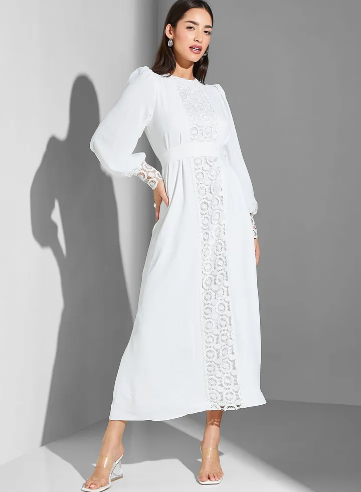 Broidered Belted Balloon Sleeve Dress