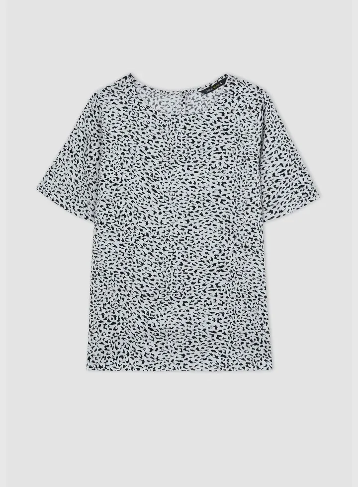 Woman Round Collar Woven Short Sleeve Blouse