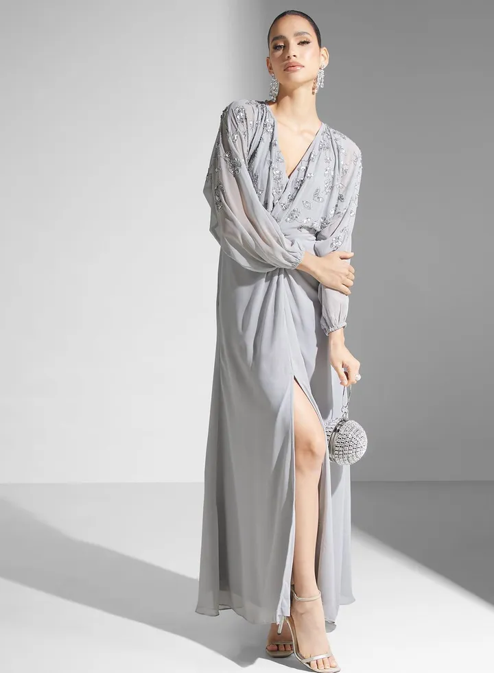 Puff Sleeve Front Slit Dress