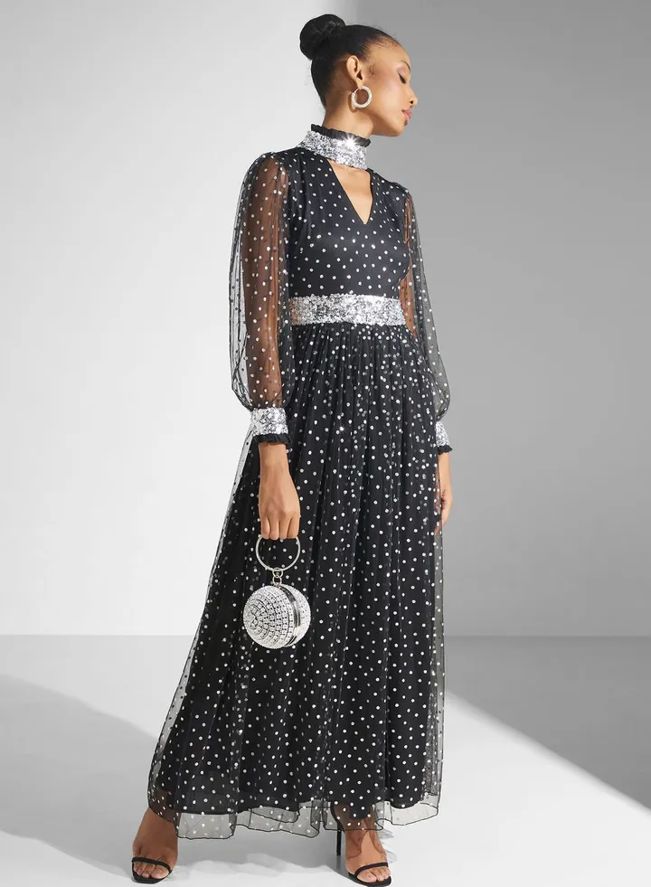 Embellished Mesh Tiered Dress