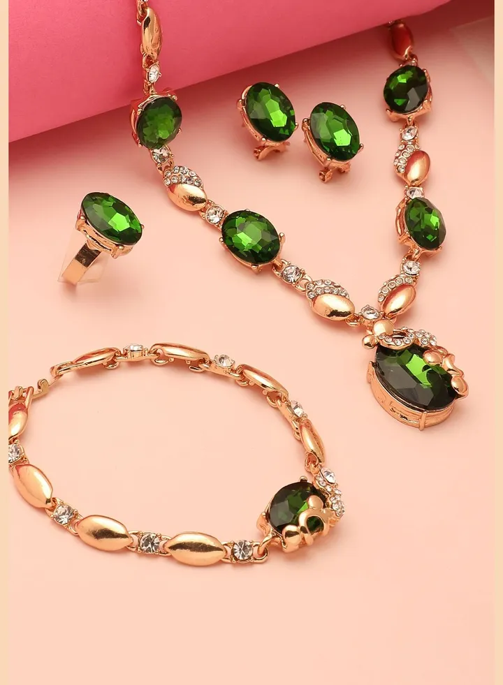 Gold Plated Designer Stone Necklace, Earring, Ring and Bracelet Set