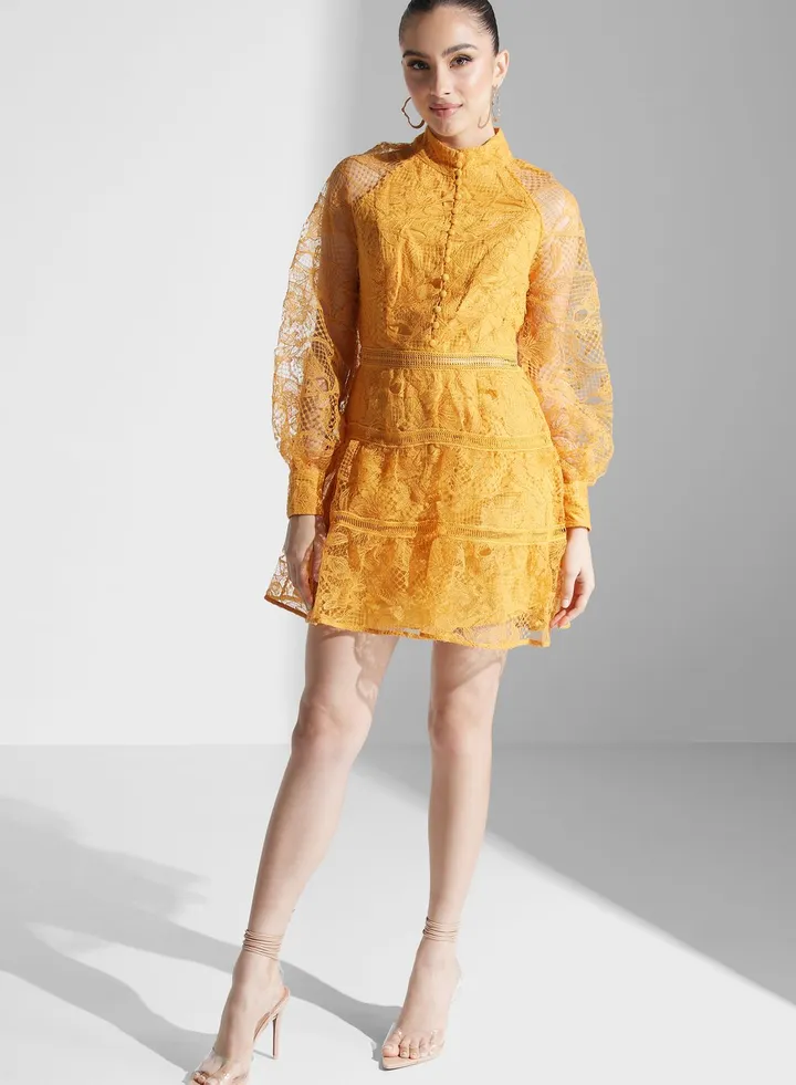 High Neck Mesh Sleeve Dress