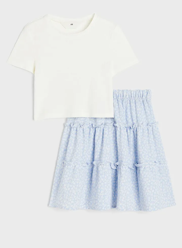 Kids Essential Top & Printed Skirt Set