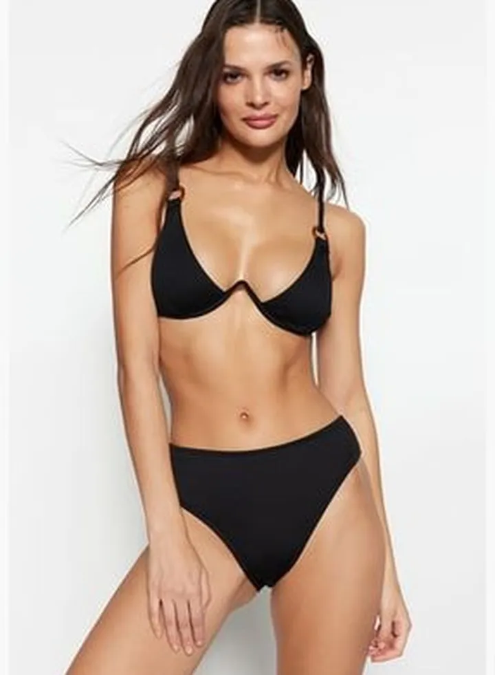 Black Textured High Waist Bikini Bottoms