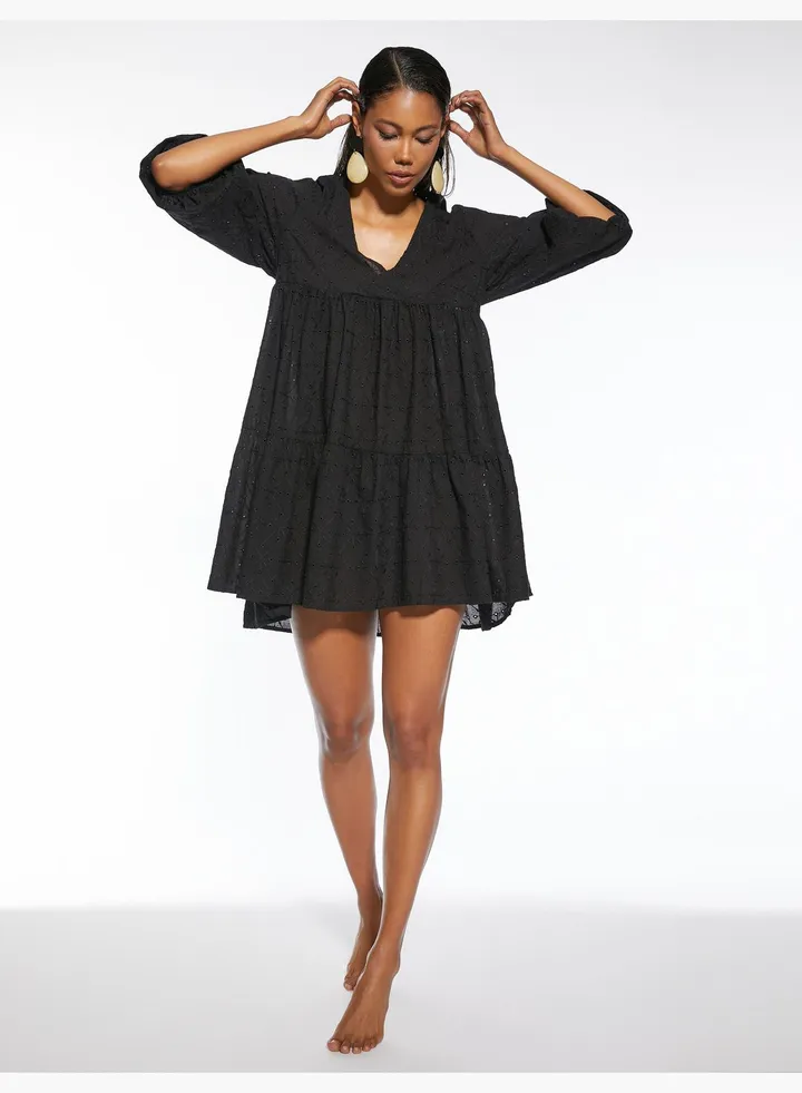 Puff Sleeve V Neck Mini Beach Dress