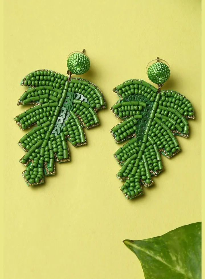 Leaf Shaped Beaded Drop Earrings
