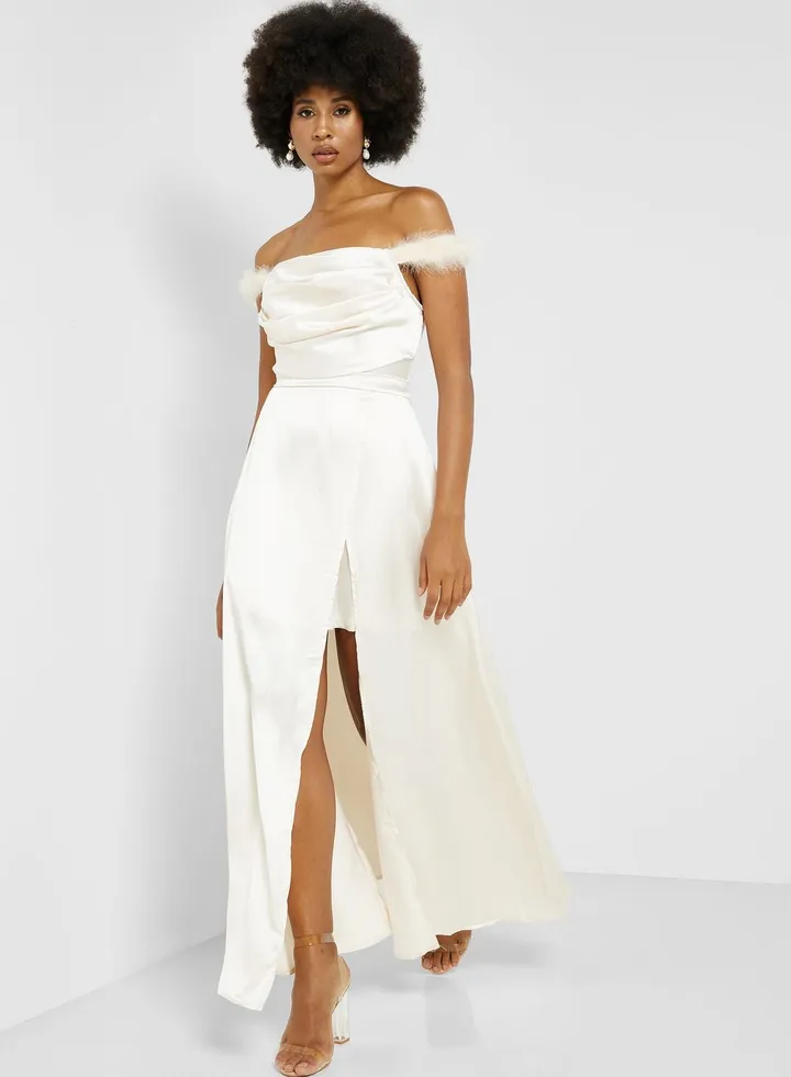 Bardot Ruched Trim Side Slit Dress