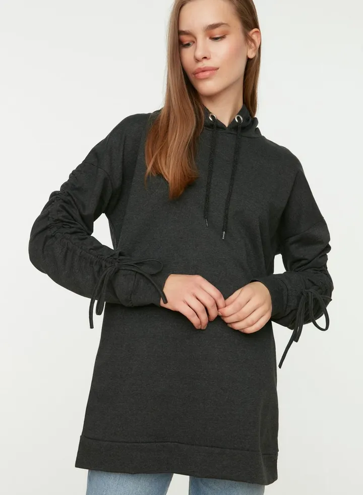 Ruched Sleeve Knitted Hoodie