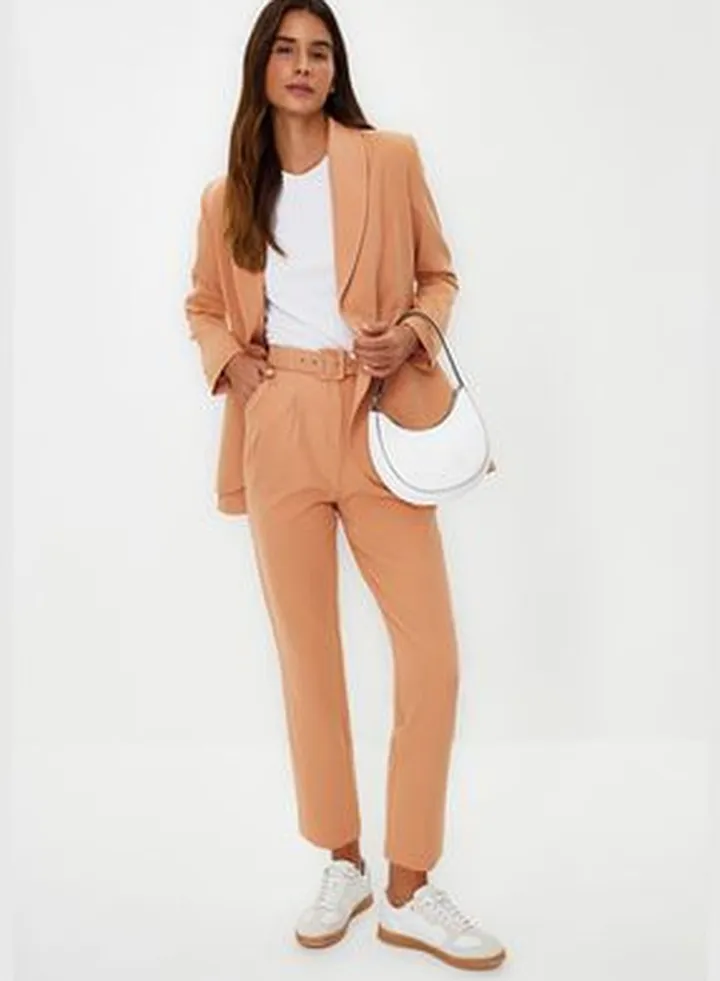 Camel Belted Crepe Woven Jacket Trousers Top and Bottom Set