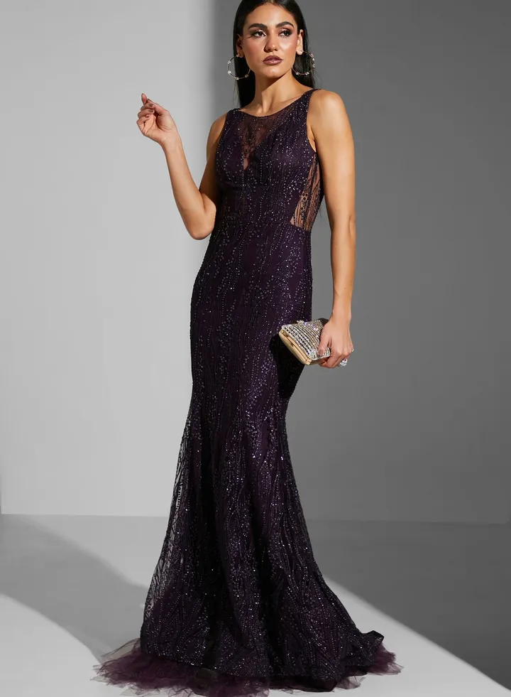 Farah Hassan Mesh Cutout Embellished Dress