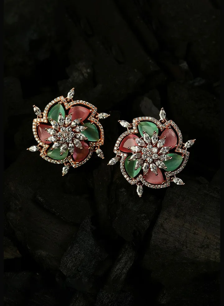 Gold Plated Stone Designer Floral Studs