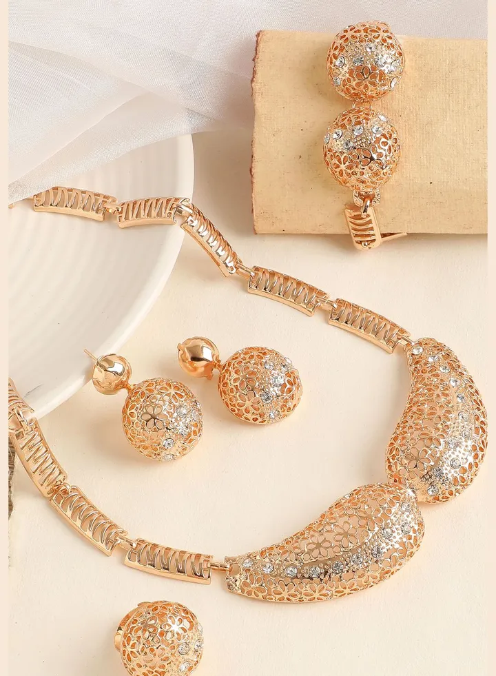 Gold Plated Designer Stone Necklace, Earring, Ring and Bracelet Set