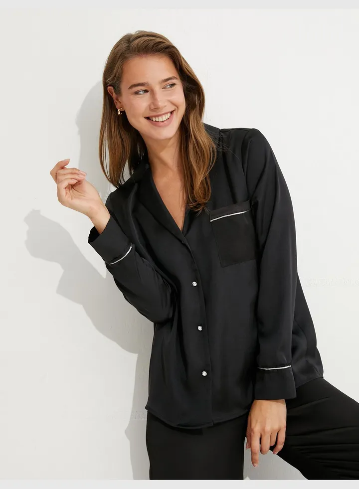 Pocket Detail Long Sleeve Satin Pyjama Top