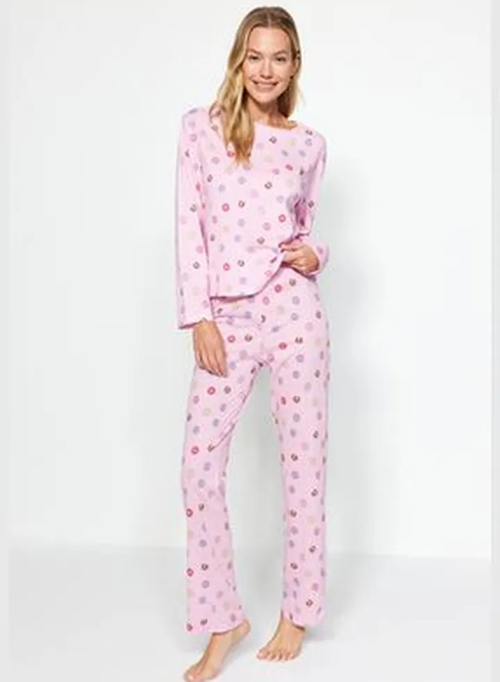 Pink 100% Cotton Donut Pattern Tshirt-Pants, Knitted Pajamas Set THMAW24PT00105.