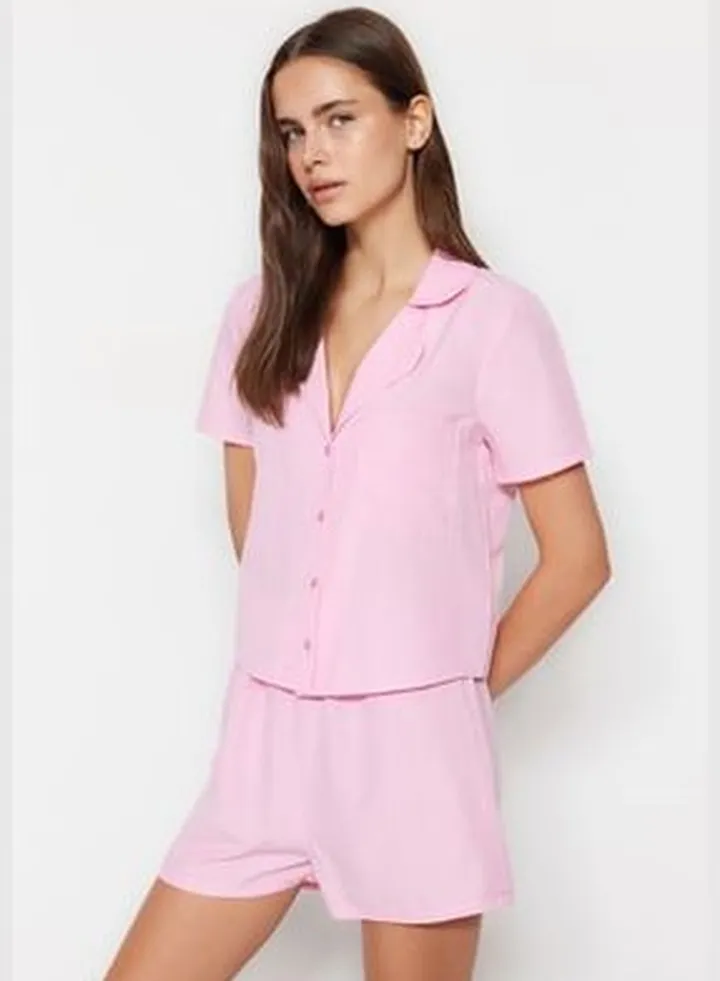 Pink Terrycotton Woven Shirt-Shorts Pajamas Set