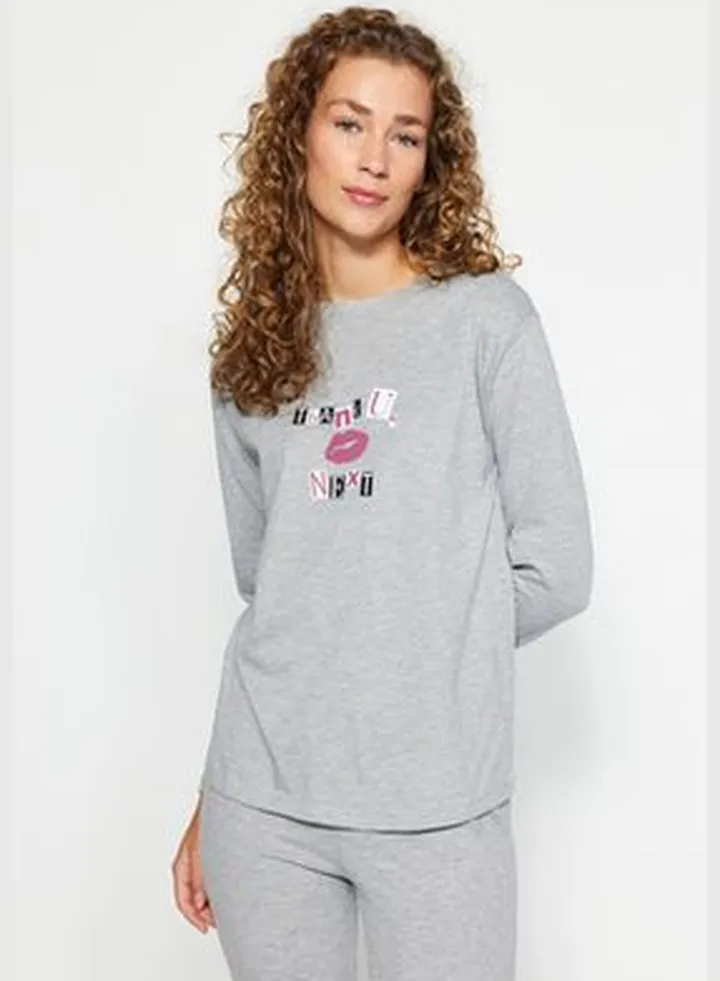 Gray Melange 100% Cotton Tshirt-Jogger Knitted Pajamas Set THMAW24PT00128.