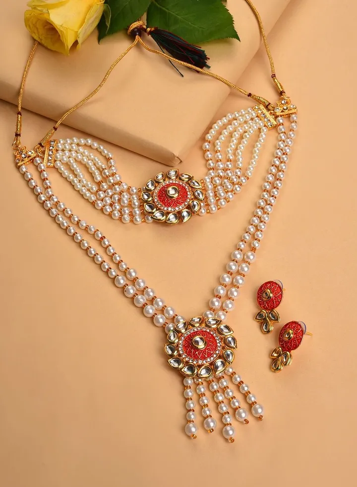 Gold Plated Pearls Necklace, Choker and Earrings