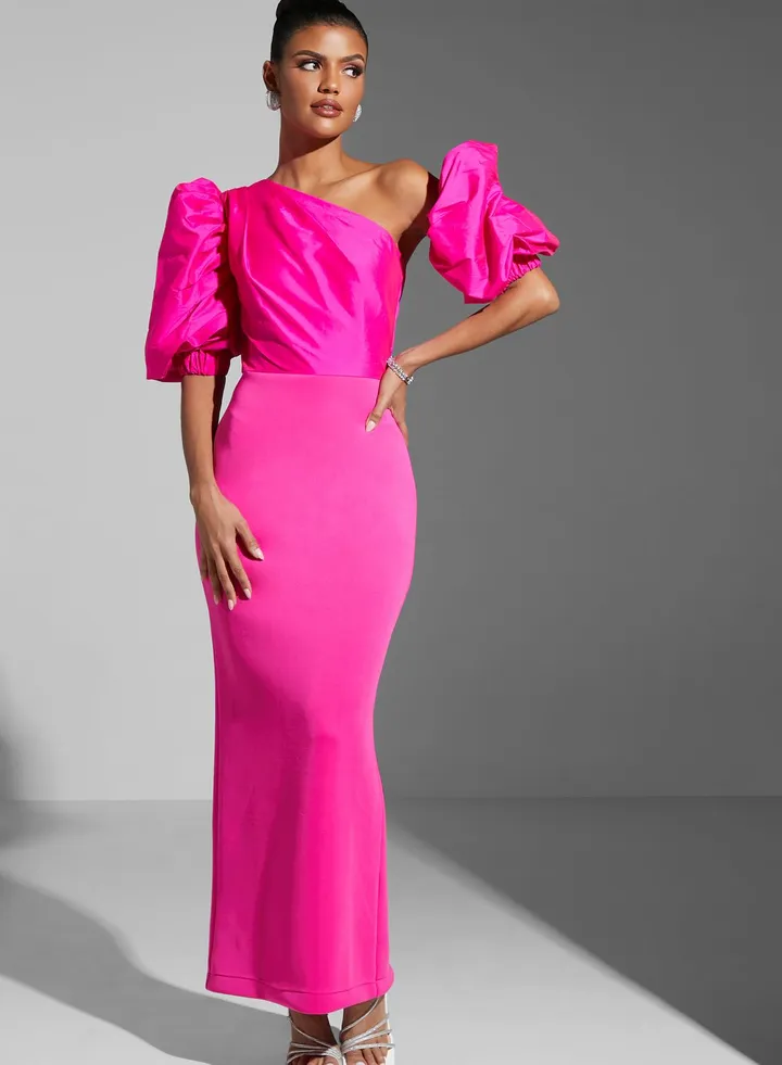 Zena Louay One Shoulder Puff Sleeve Gown