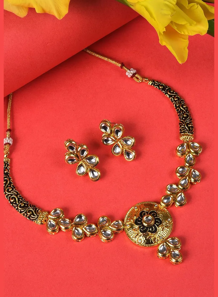 Gold Plated Designer Stone Necklace and Earrings Set
