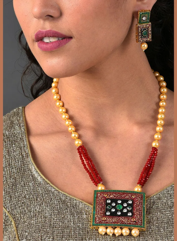 Gold Plated Designer Stone Pearl Necklace and Earrings Set