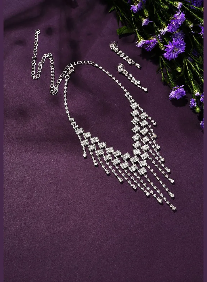 Silver Plated Designer Stone Necklace and Earring Set