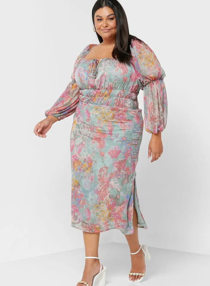 Balloon Sleeve Side Slit Dress