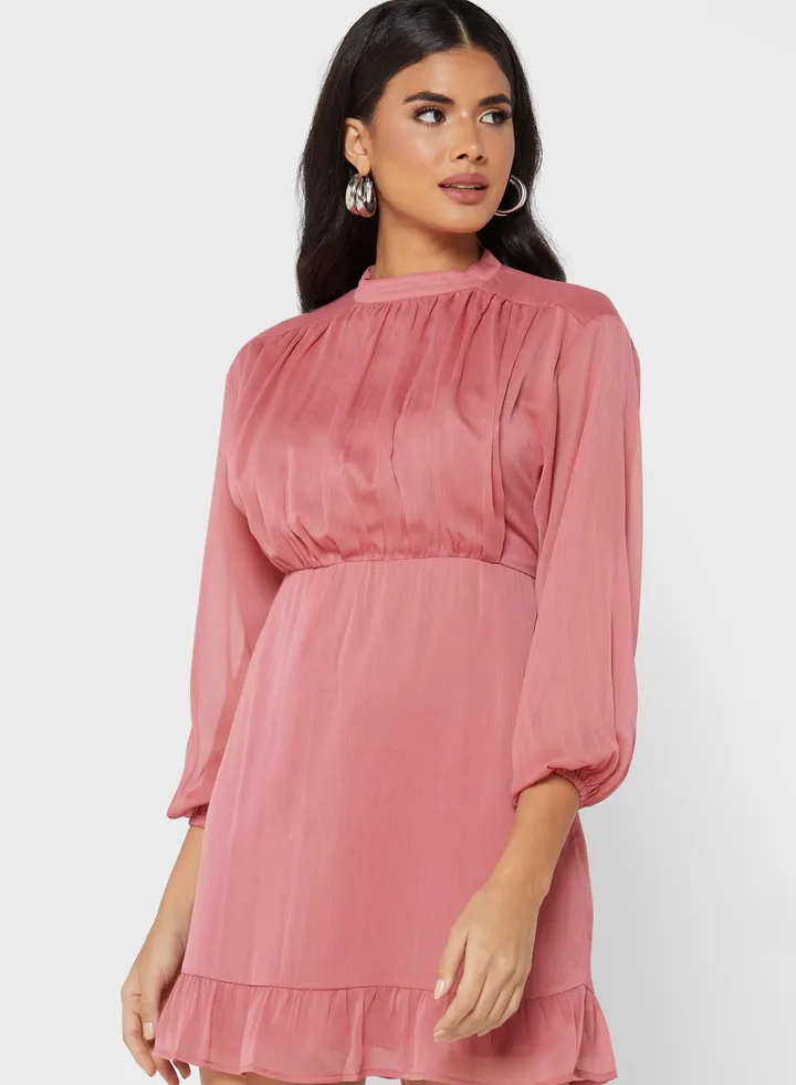 Puff Sleeve Ruffle Hem Dress