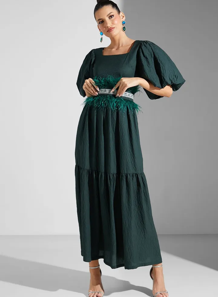 Puff Sleeve Fur Detail Tiered Dress