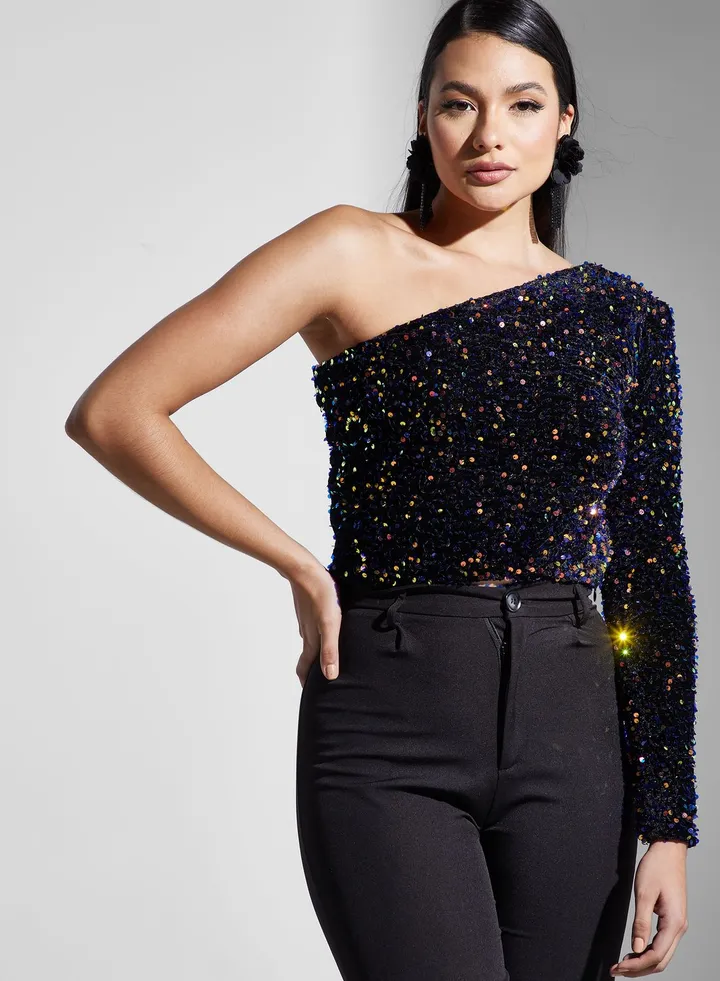 One Shoulder Shimmer Crop Top