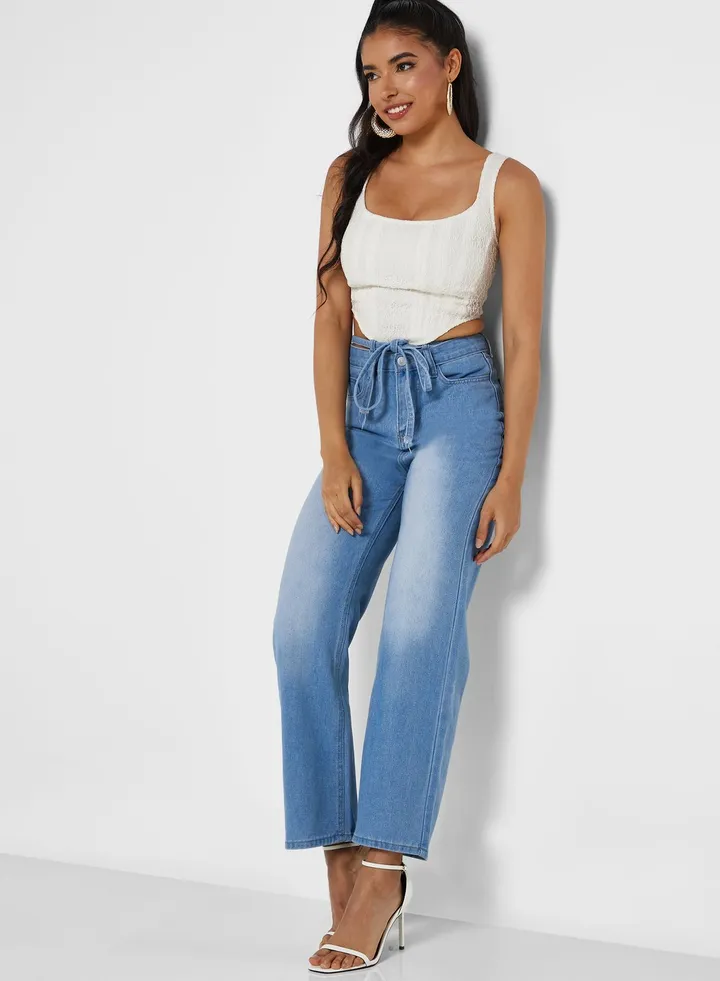Wide Leg Jeans With Waist Tie