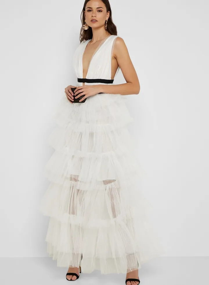 Plunge Neck Tulle Overlay Dress